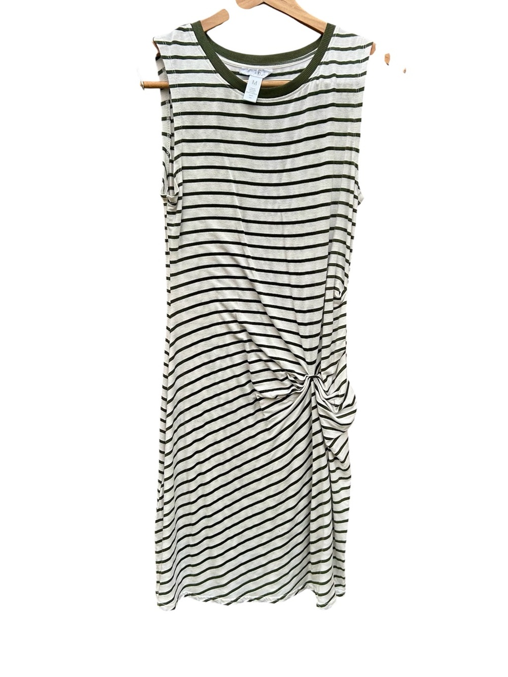 Just Be Dress Striped Twist Front Dark Green & Cream sz. Medium